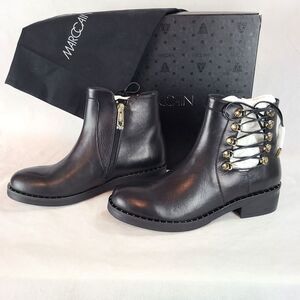 New MARC CAIN Women's (8.5) Black Leather Side Lace Up and Zip Ankle Bootie $420